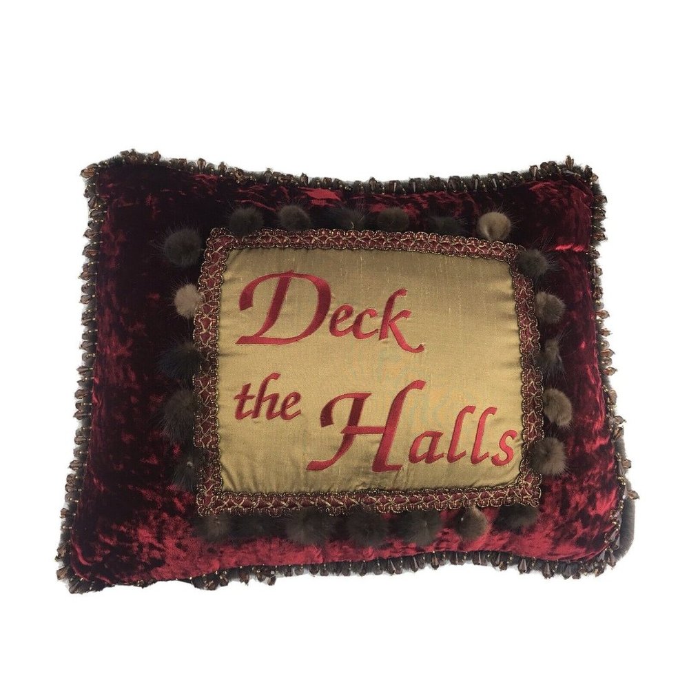 Deck‎ The Halls Christmas Decorative Pillow Fur Velvet Beaded Embroidered